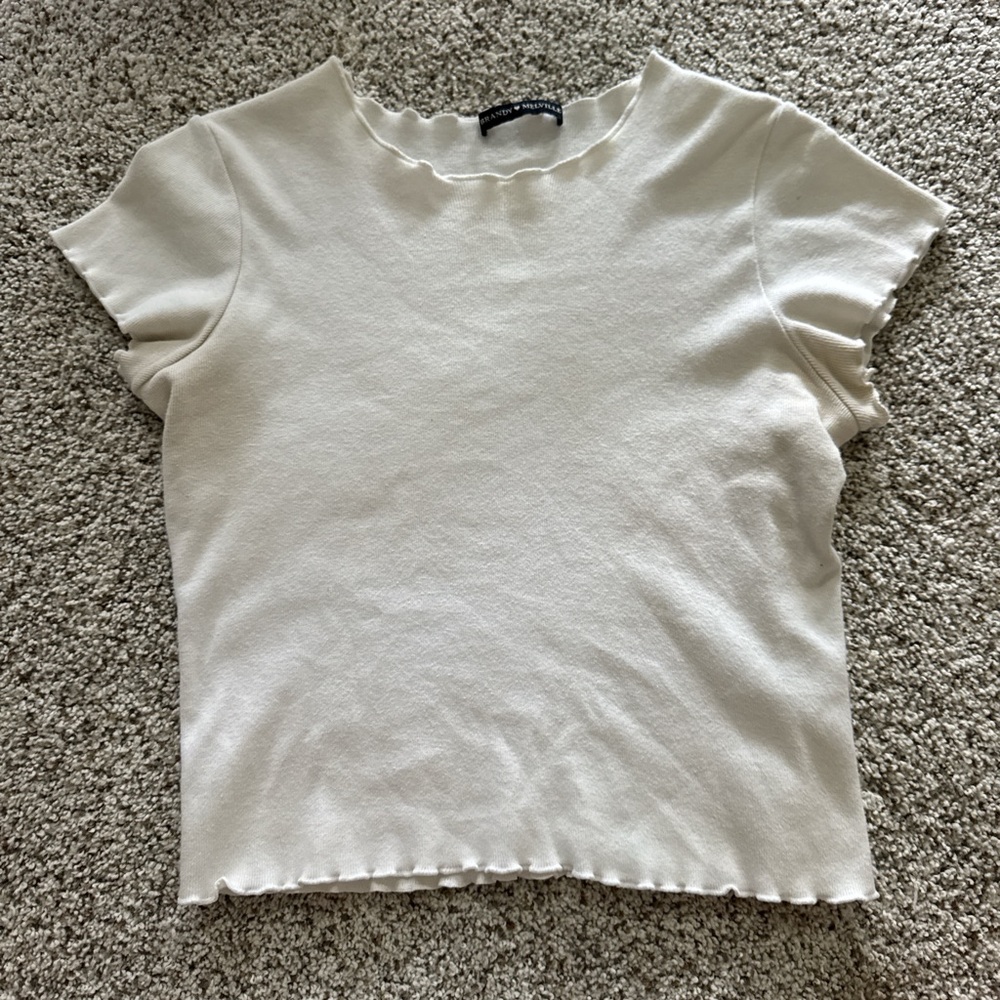 Brandy Melville White Ruffle Short Sleeve Tee